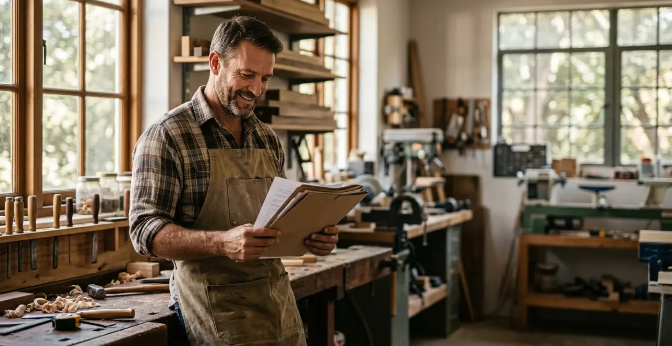 Artisan confiant consultant ses documents d'assurance professionnelle dans son atelier
