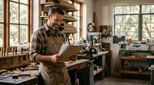 Artisan confiant consultant ses documents d'assurance professionnelle dans son atelier