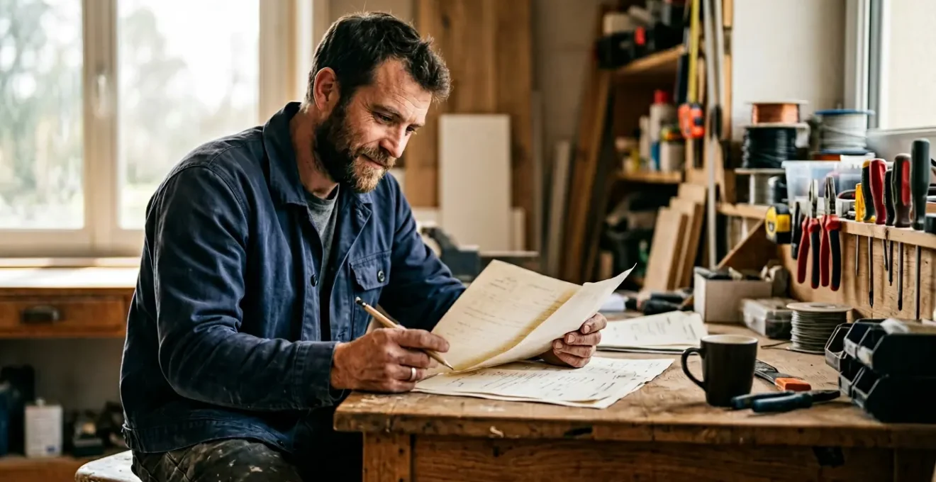 Artisan du second œuvre consulte des documents d'assurance décennale à prix compétitif