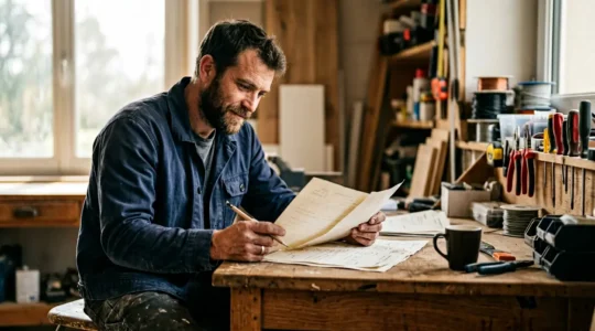 Artisan du second œuvre consulte des documents d'assurance décennale à prix compétitif