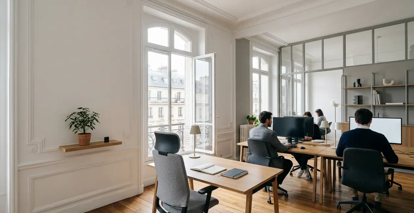 Espace de bureaux professionnels moderne à Paris avec équipements informatiques et mobilier