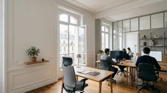 Espace de bureaux professionnels moderne à Paris avec équipements informatiques et mobilier