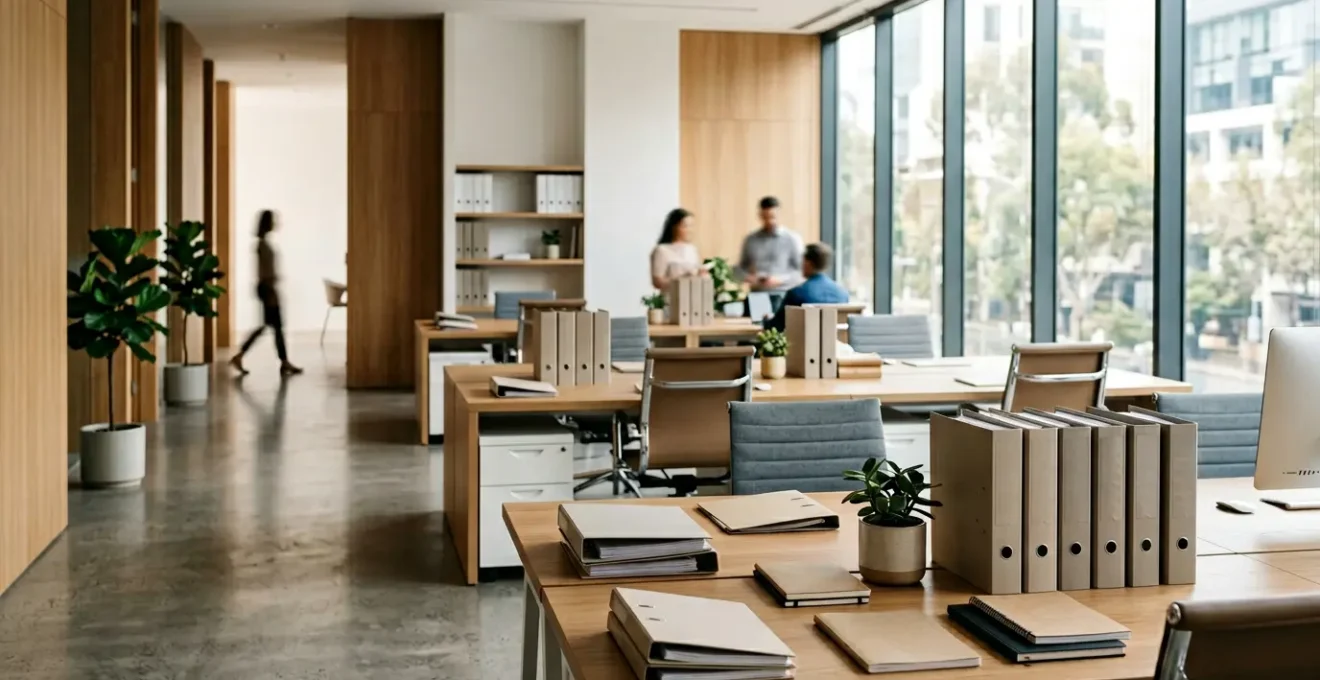 Un inspecteur du travail examinant des documents dans un bureau professionnel bien organisé avec un chef d'entreprise serein