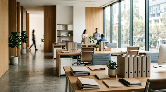 Un inspecteur du travail examinant des documents dans un bureau professionnel bien organisé avec un chef d'entreprise serein