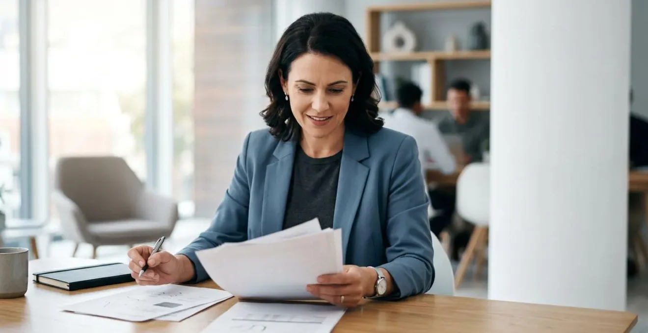 Chef d'entreprise concentré examinant des documents administratifs dans un bureau lumineux avec un aspect professionnel et rassurant