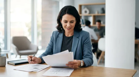 Chef d'entreprise concentré examinant des documents administratifs dans un bureau lumineux avec un aspect professionnel et rassurant