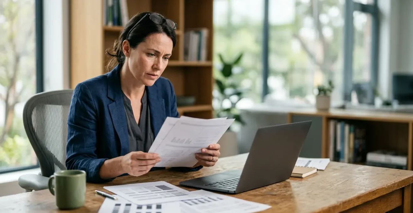 Dirigeant de PME analysant attentivement des documents d'assurance professionnelle dans son bureau