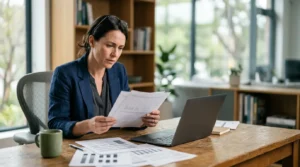 Dirigeant de PME analysant attentivement des documents d'assurance professionnelle dans son bureau