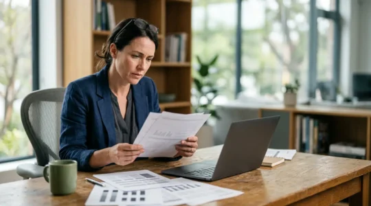 Dirigeant de PME analysant attentivement des documents d'assurance professionnelle dans son bureau