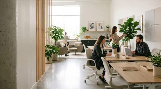 Vue d'ensemble d'un espace de travail collaboratif moderne favorisant le bien-être et la qualité de vie professionnelle