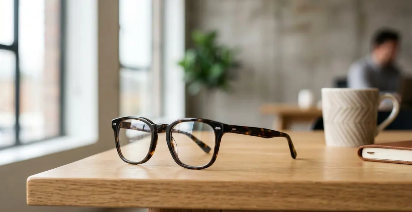 Des lunettes de vue modernes posées sur un bureau professionnel illustrant le dispositif 100% Santé en entreprise