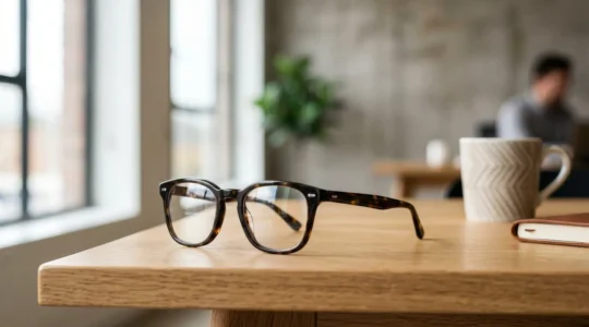 Des lunettes de vue modernes posées sur un bureau professionnel illustrant le dispositif 100% Santé en entreprise