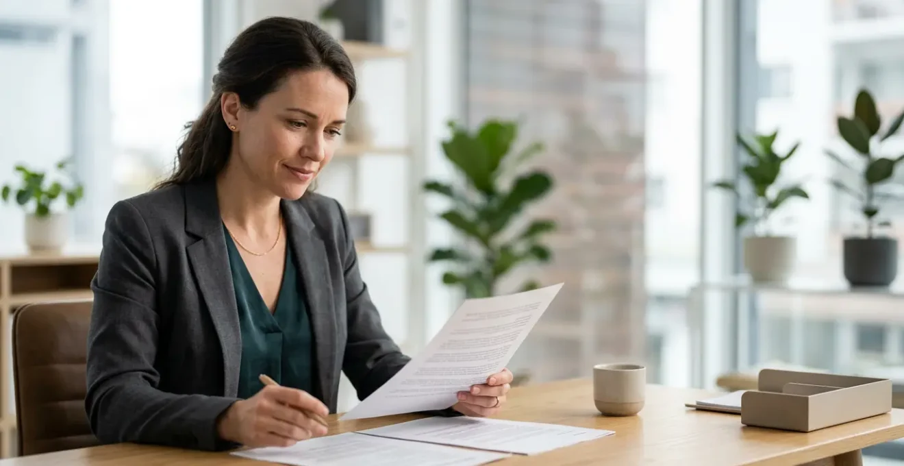 Chef d'entreprise examinant des documents administratifs dans un bureau moderne avec lumière naturelle