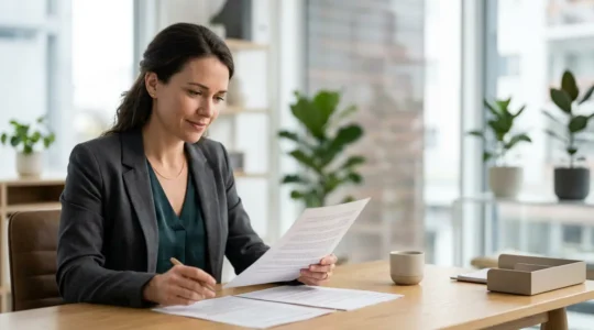 Chef d'entreprise examinant des documents administratifs dans un bureau moderne avec lumière naturelle