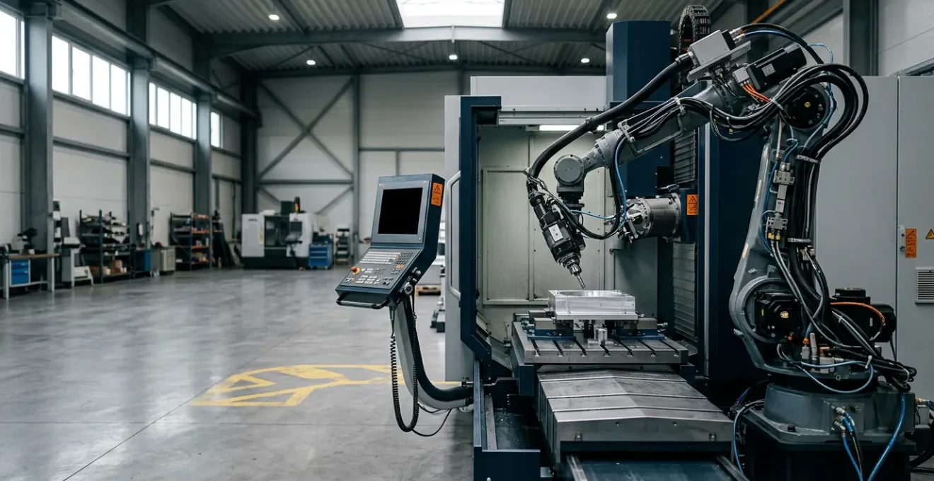 Machine industrielle arrêtée dans un atelier de production avec éclairage dramatique