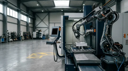 Machine industrielle arrêtée dans un atelier de production avec éclairage dramatique