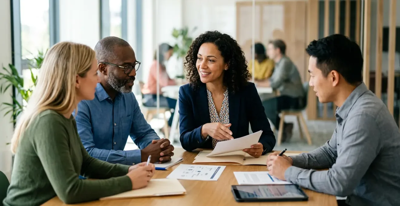 Employeur et équipe autour d'une table discutant de la protection santé collective
