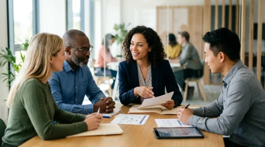 Employeur et équipe autour d'une table discutant de la protection santé collective