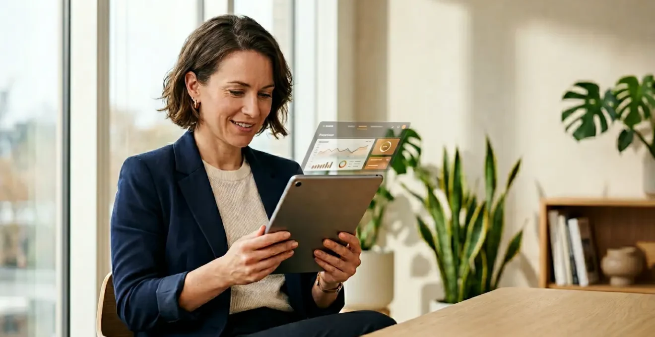 Entrepreneur utilisant une tablette pour ouvrir un compte professionnel en ligne dans un espace de travail moderne