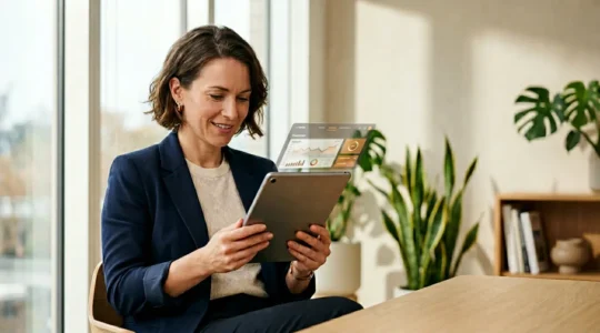 Entrepreneur utilisant une tablette pour ouvrir un compte professionnel en ligne dans un espace de travail moderne