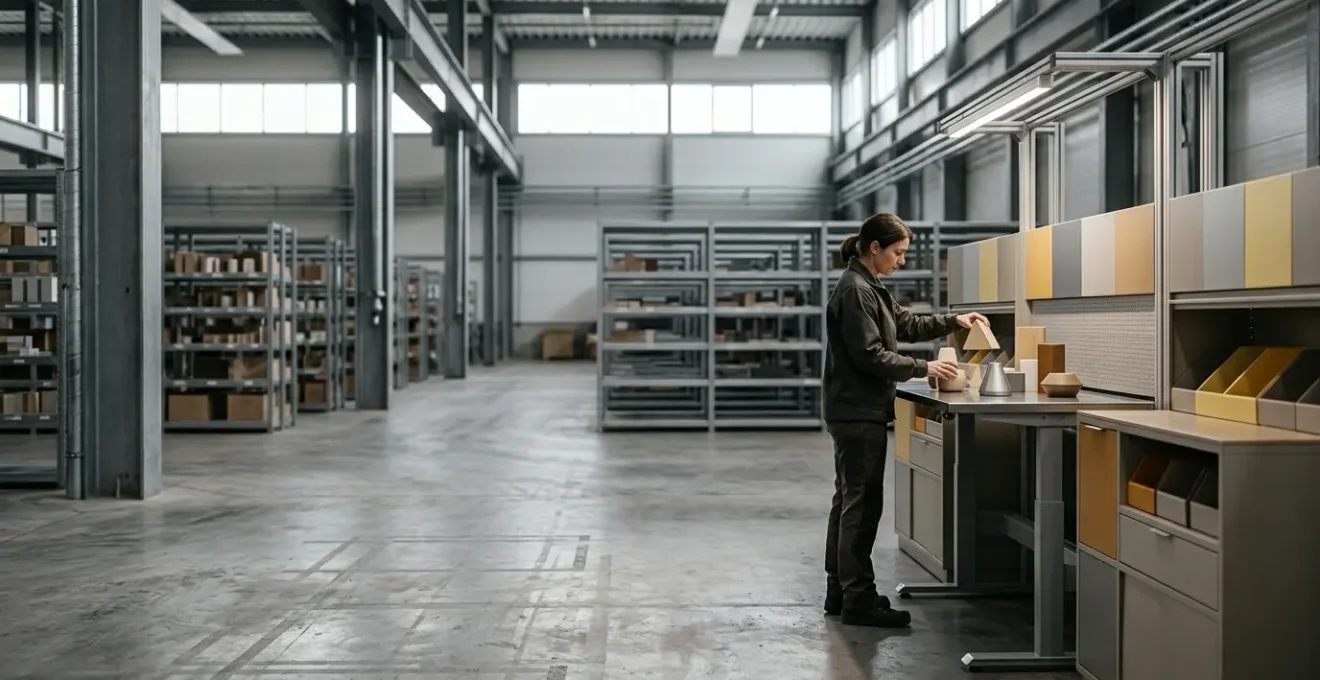 Préparateur de commandes dans un entrepôt moderne effectuant des gestes ergonomiques pour la prévention des troubles musculosquelettiques