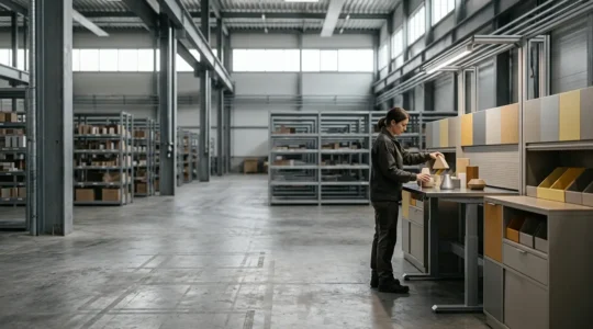 Préparateur de commandes dans un entrepôt moderne effectuant des gestes ergonomiques pour la prévention des troubles musculosquelettiques