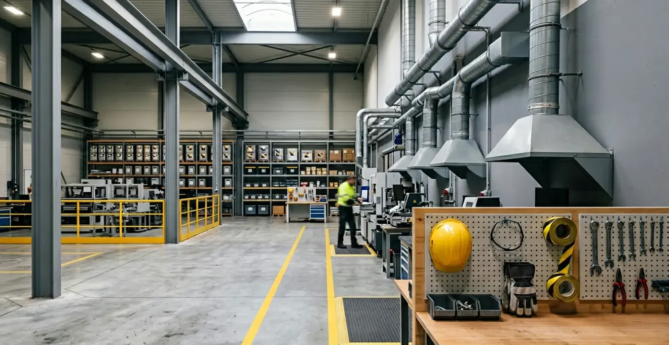 Atelier industriel moderne avec système de ventilation et équipements de protection, illustrant la prévention des expositions chimiques professionnelles