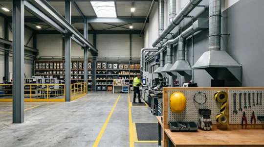 Atelier industriel moderne avec système de ventilation et équipements de protection, illustrant la prévention des expositions chimiques professionnelles