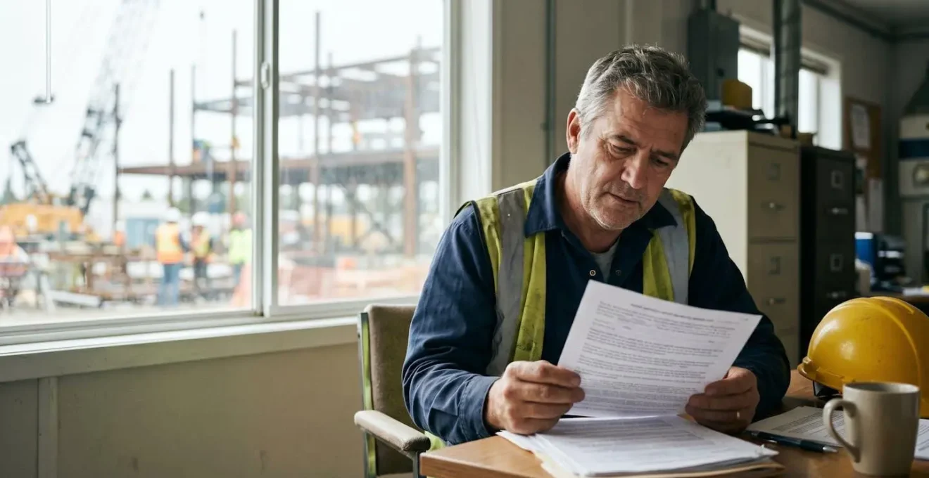 Professionnel du bâtiment consultant des documents administratifs d'assurance dans un contexte juridique