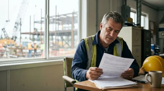 Professionnel du bâtiment consultant des documents administratifs d'assurance dans un contexte juridique