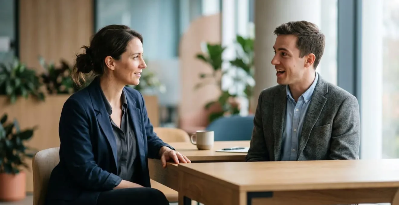 Entrepreneur assis face à sa première recrue dans un bureau moderne et épuré, moment décisif de l'embauche