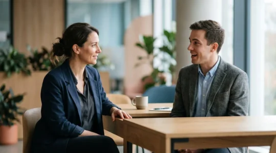 Entrepreneur assis face à sa première recrue dans un bureau moderne et épuré, moment décisif de l'embauche