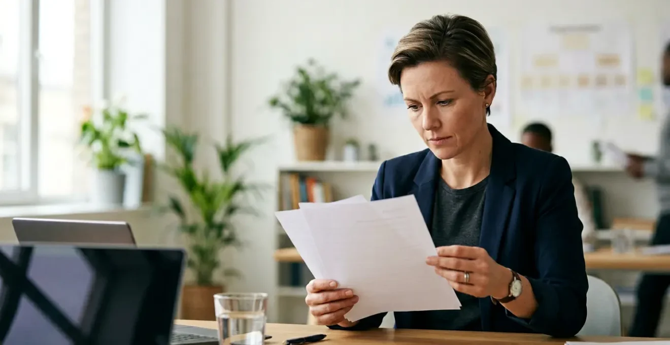 Chef d'entreprise concentré organisant documents de sécurité au travail dans bureau lumineux