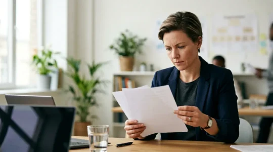 Chef d'entreprise concentré organisant documents de sécurité au travail dans bureau lumineux
