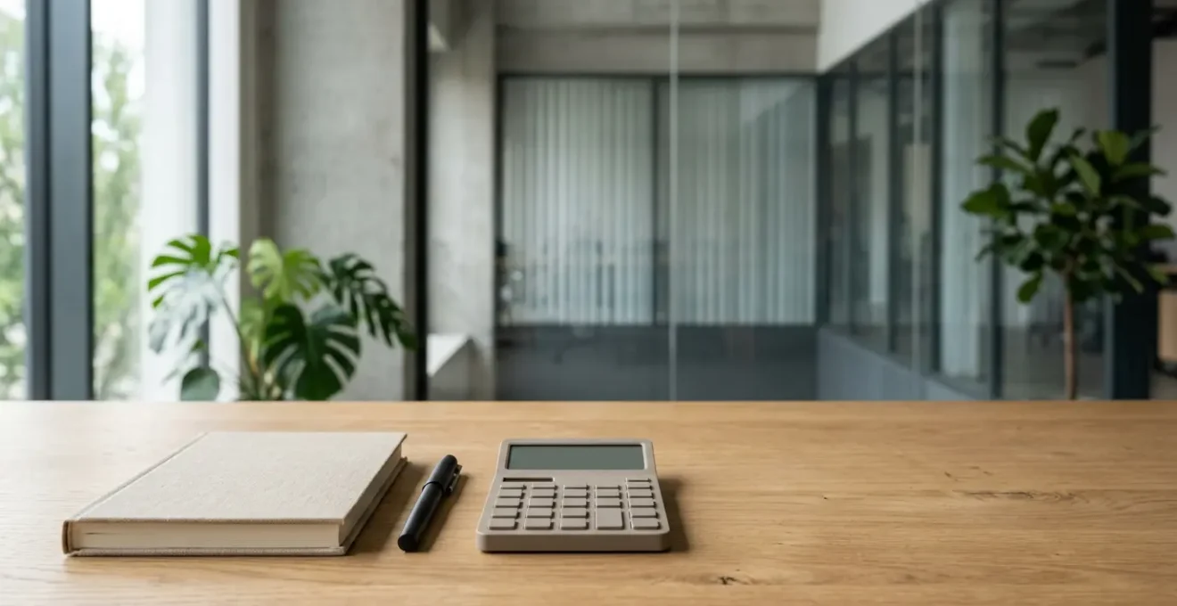 Environnement de travail professionnel minimaliste avec documents financiers et calculatrice sur bureau épuré, ambiance concentrée et décisive