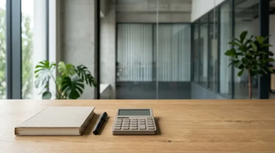 Environnement de travail professionnel minimaliste avec documents financiers et calculatrice sur bureau épuré, ambiance concentrée et décisive