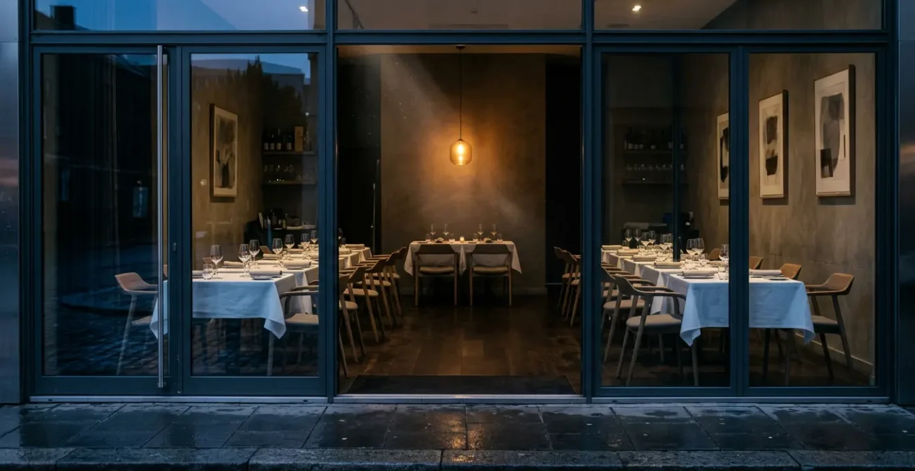 Vue d'un restaurant fermé avec enseigne éteinte symbolisant l'arrêt d'activité après sinistre