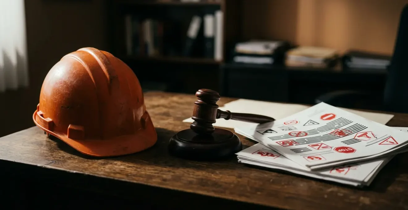 Scène dramatique illustrant les conséquences financières d'un accident du travail sur un chantier de construction