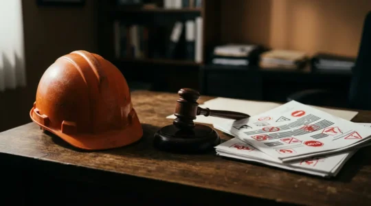 Scène dramatique illustrant les conséquences financières d'un accident du travail sur un chantier de construction