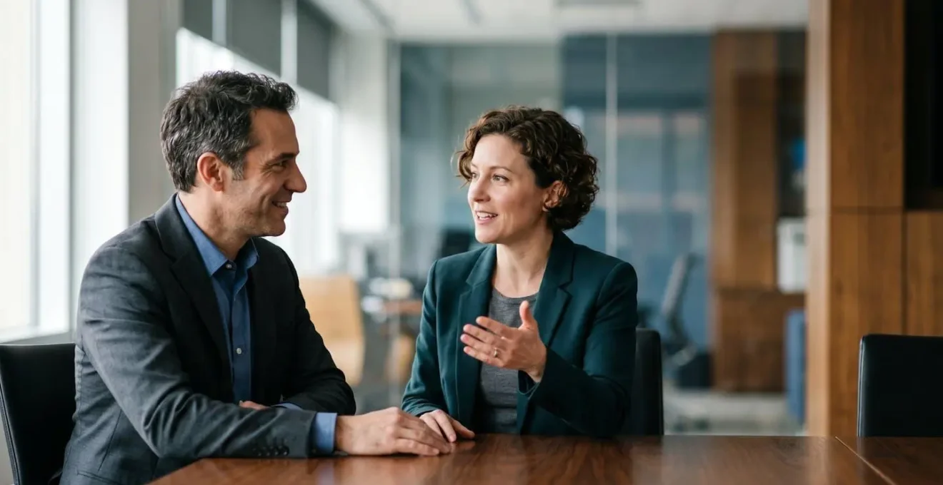Deux professionnels en pleine conversation, illustrant la personnalisation du discours commercial en fonction de l'interlocuteur.
