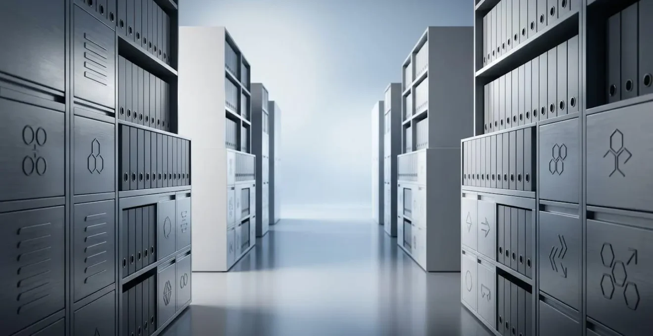 Composition minimaliste montrant l'archivage sécurisé à long terme dans un environnement professionnel épuré