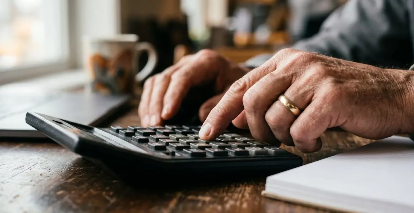 Gros plan sur des mains de restaurateur travaillant sur des calculs financiers avec calculatrice