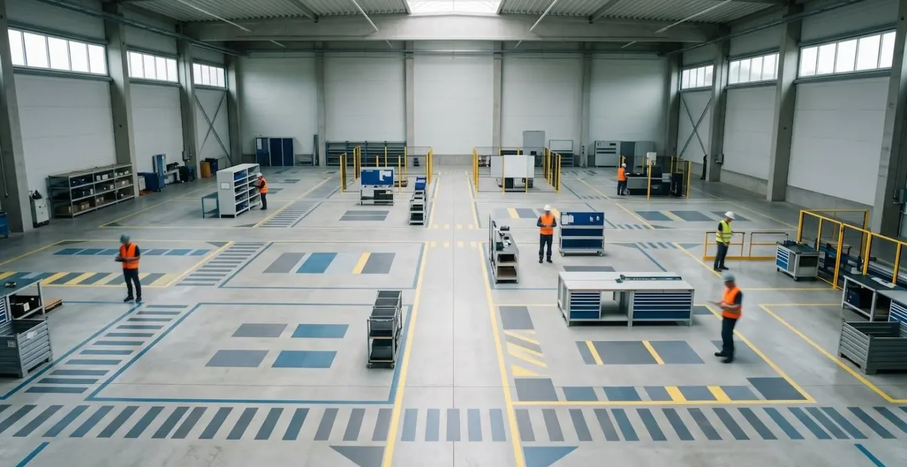 Vue aérienne d'un atelier industriel montrant la répartition stratégique des sauveteurs secouristes du travail pour une couverture optimale