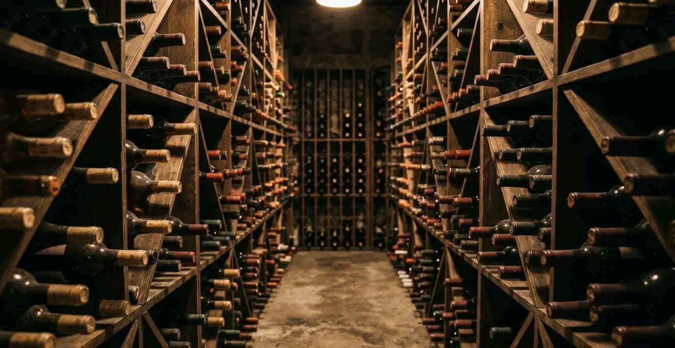 Cave à vin de restaurant avec rangées de bouteilles en faible luminosité