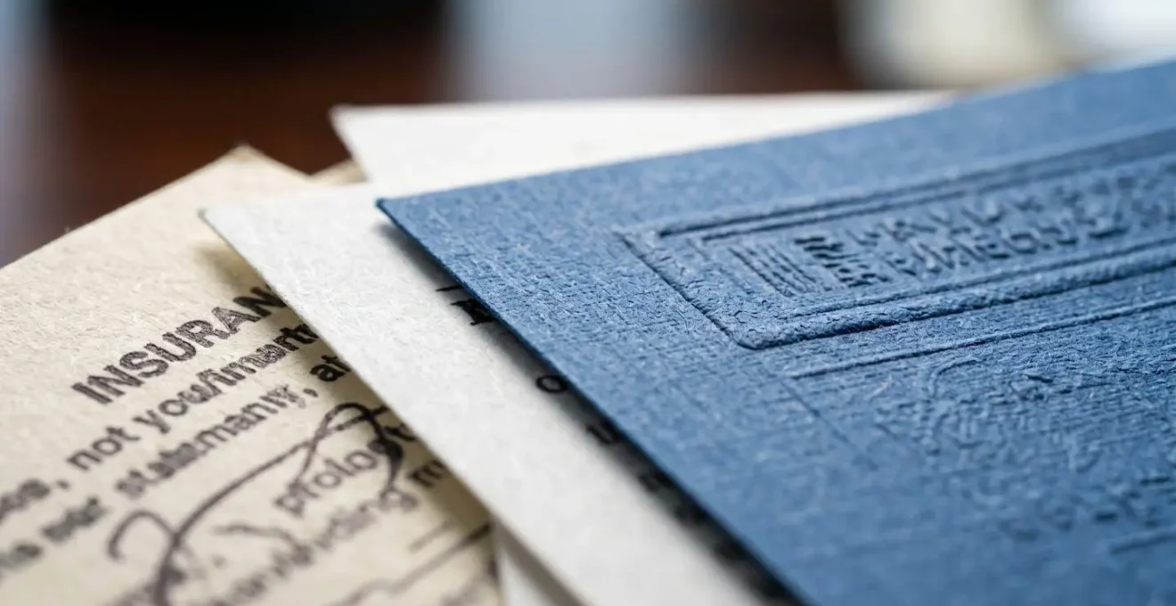 Vue macro sur des documents contractuels d'assurance montrant des textures de papier et des détails abstraits sans texte lisible