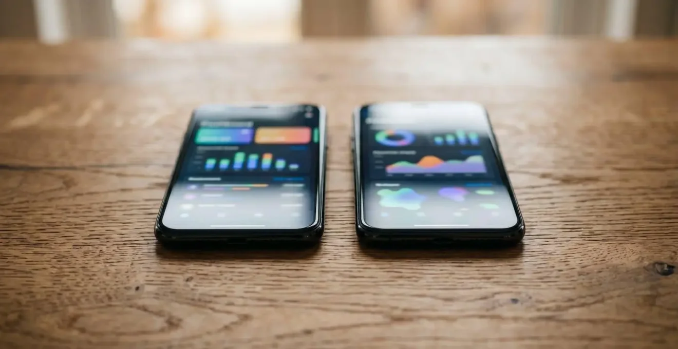 Deux smartphones côte à côte montrant des interfaces bancaires modernes avec des graphiques de gestion financière