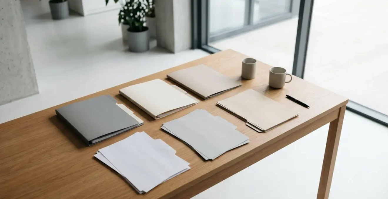 Environnement de bureau minimaliste avec des dossiers et documents disposés de manière épurée dans un espace lumineux