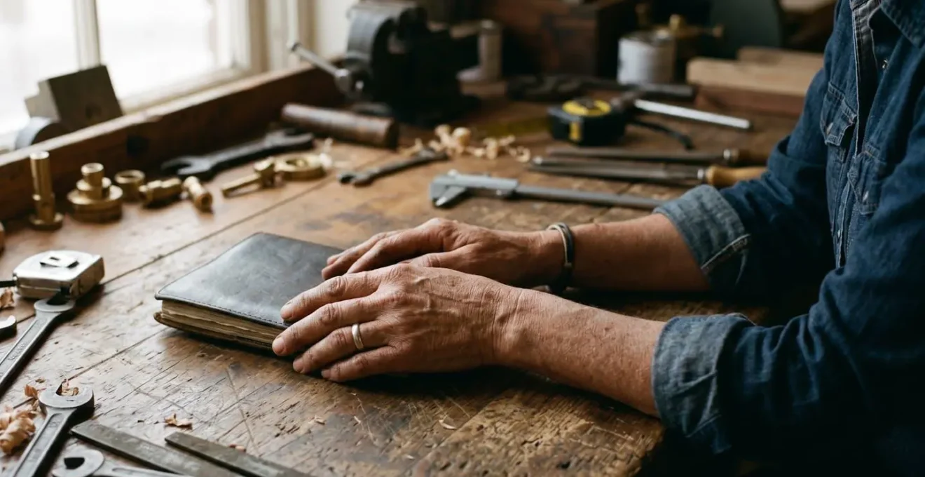 Gros plan sur des mains d'artisan consultant un carnet de maintenance dans un atelier