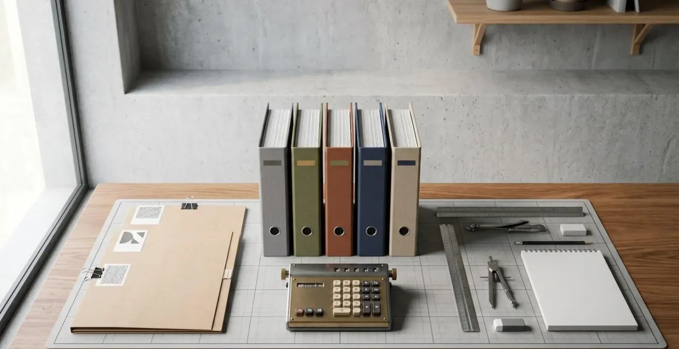 Vue en plongée sur un espace de travail épuré avec des dossiers d'archives de chantier organisés