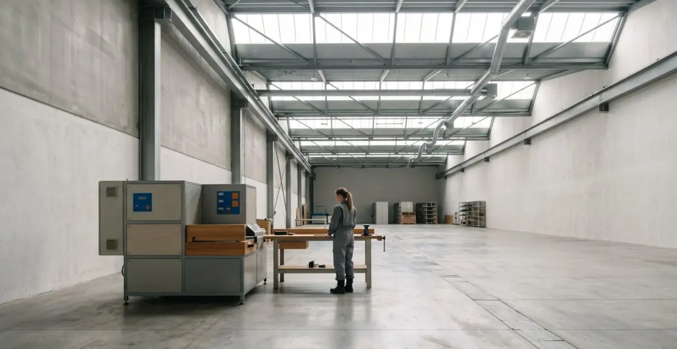 Vue large d'un atelier industriel épuré avec un espace négatif important et une lumière naturelle diffuse